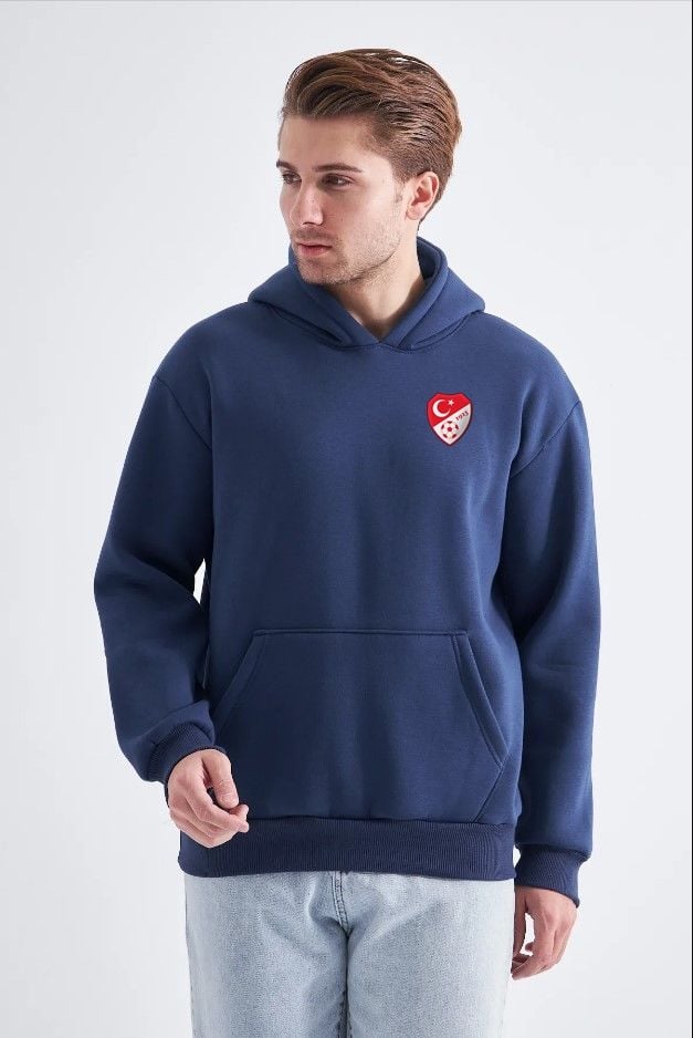 Sweatshirt, Lacivert Kapüşonlu, İçi Polarlı, Üç İplik TFF