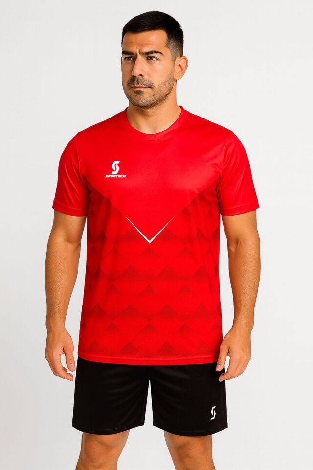 Sportech Kırmızı-Siyah Forma Takımı  K0146 (TEK KELİME ISİM VE NUMARA YAZILIR)
