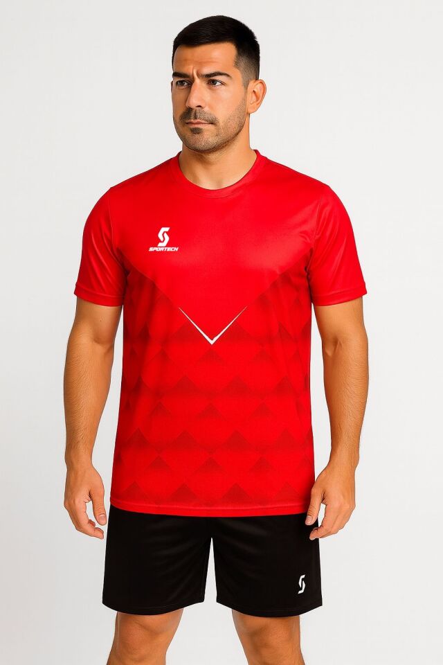 Sportech Kırmızı-Siyah Forma Takımı  K0146 (TEK KELİME ISİM VE NUMARA YAZILIR)
